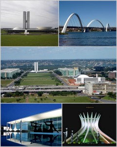 Da esquerda para a direita: Congresso Nacional do Brasil, Ponte JK, Eixo Monumental, Palácio da Alvorada e Catedral Metropolitana de Brasília.