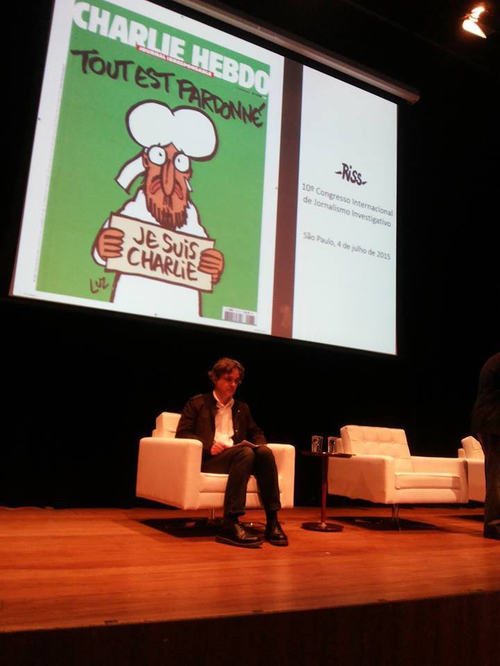 Laurent Sourisseau Riss, diretor da revista francesa Charlie Hebdo, durante o Congresso da Abraji 2015. Crédito: Priscila Pacheco