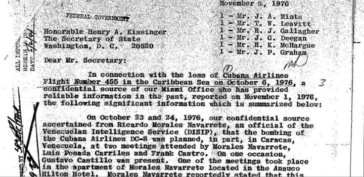Declassified FBI report that reads: "Our confidential source ascertained (...) that the bombing of the Cubana Airlines DC-8 was planned, in part, in Caracas, Venezuela, at two meetings attended by Morales Navarrete, Luis Posada Carriles and Frank Castro.