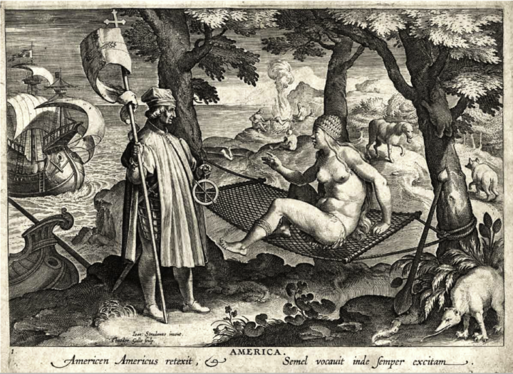 "Allegory of America" engraving by Jan Galle after Jan van der Straet. The scene depicts Amerigo Vespucci representing the Old World explorers as he wakes up a Native American from her hammock slumber. Local flora and fauna dot the background, as well as natives having a cannibalistic roast. Johannes Stradanus or van der Straat, (1523-1605) 