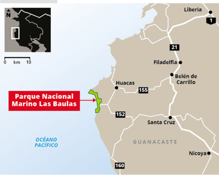 Figura con ubicación del Parque Nacional Las Baulas, extraída de artículo de prensa de La Nación sobre esta decisión del CIADI, y titulado (de forma errónea) "Costa Rica gana litigio por expropiación de parque Las Baulas en juicio al amparo del TLC" 
