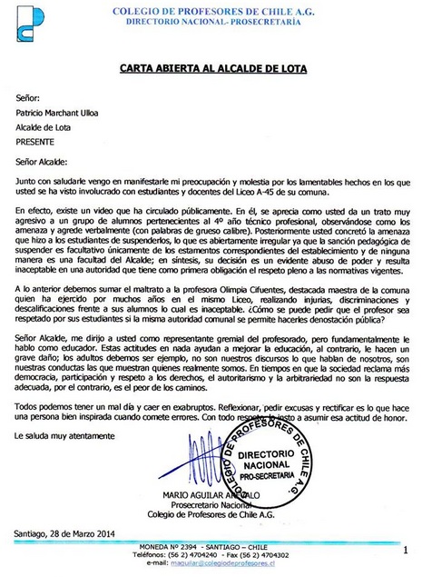 Dirigente Nacional Colegio de Profesores de Chile envía 