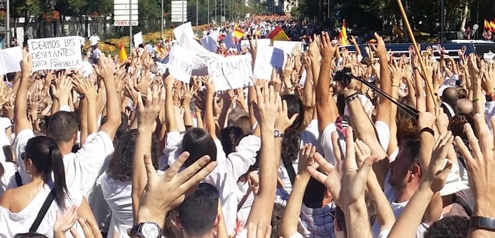 Manifestantes de blanco corean 'Esta es nuestra bandera' a las decenas de personas que se acercaron para provocar desde la concentración por la unidad de España en Colón y que se ve al fondo de la imagen.