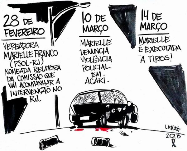 Charge do cartonista Latuff relatando os eventos anteriores À morte da vereadora Marielle Franco do Psol