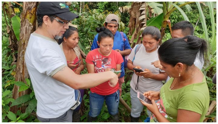 Veedores waorani, Ecuador, revisando información producto del monitoreo.