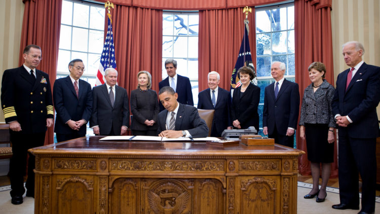 President Barack Obama signs the instrument of ratification of the New START Treaty in the Oval Office, Feb. 2, 2011