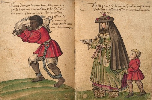 Cristoph Weiditz, 1520. Esclavo encadenado en España, cargando pellejo de vino.