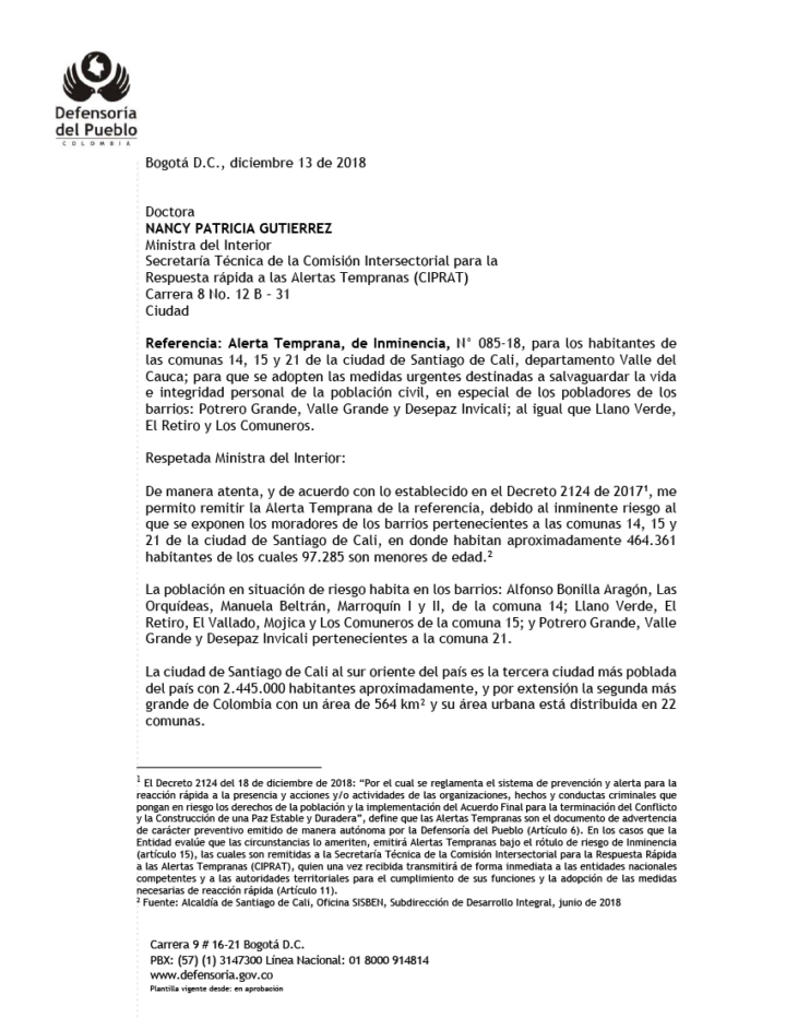 Alerta Temprana Defensoria en Colombia