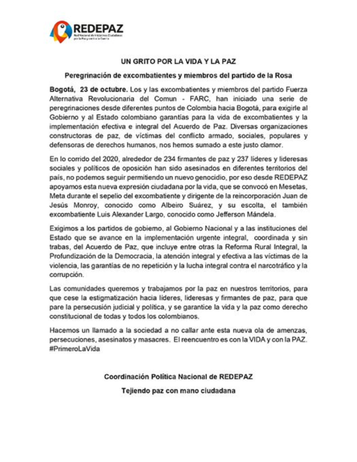 Pronunciamiento Redepaz frente a peregrinación de excombatientes de paz en Colombia