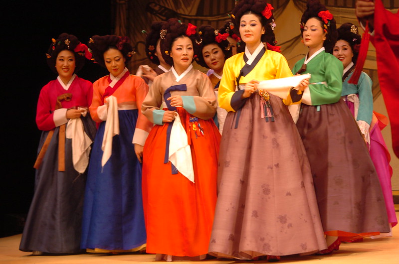 A group of South Korean women performing in traditional dress