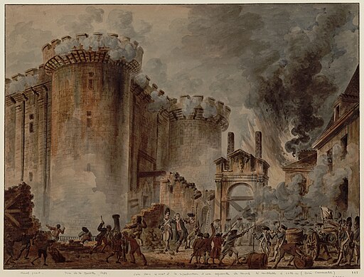 Prise de la Bastille by Jean-Pierre-Louis-Laurent Houel. Watercolour, 37.8 x 50.5 cm. Visible in the center is the arrest of Bernard René Jourdan, marquis de Launay (1740-1789). Note: This is a different painting than wikidata:Q99848320, despite being by the same artist on the same subjec