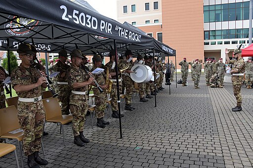 Italian Army Fanfara (band) of the Brigata Alpina "Julia" (Alpini Brigade) plays for the U.S. Army 173rd Airborne Brigade change of command ceremony at Caserma Del Din, Vicenza, Italy July 6, 2023. The 173rd Airborne Brigade is the U.S.