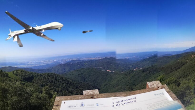 Immagine fotomontata di drone militare sul panorama Biellese