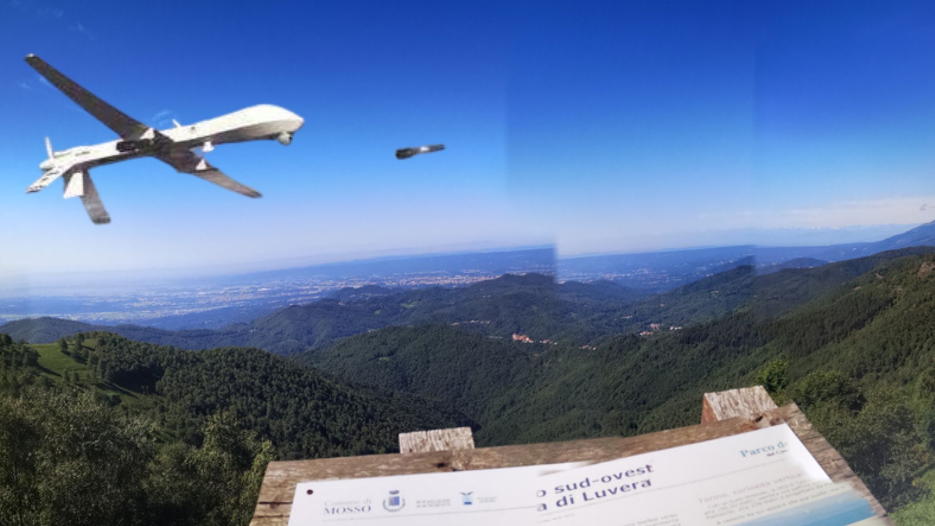 Immagine fotomontata di drone militare sul panorama Biellese