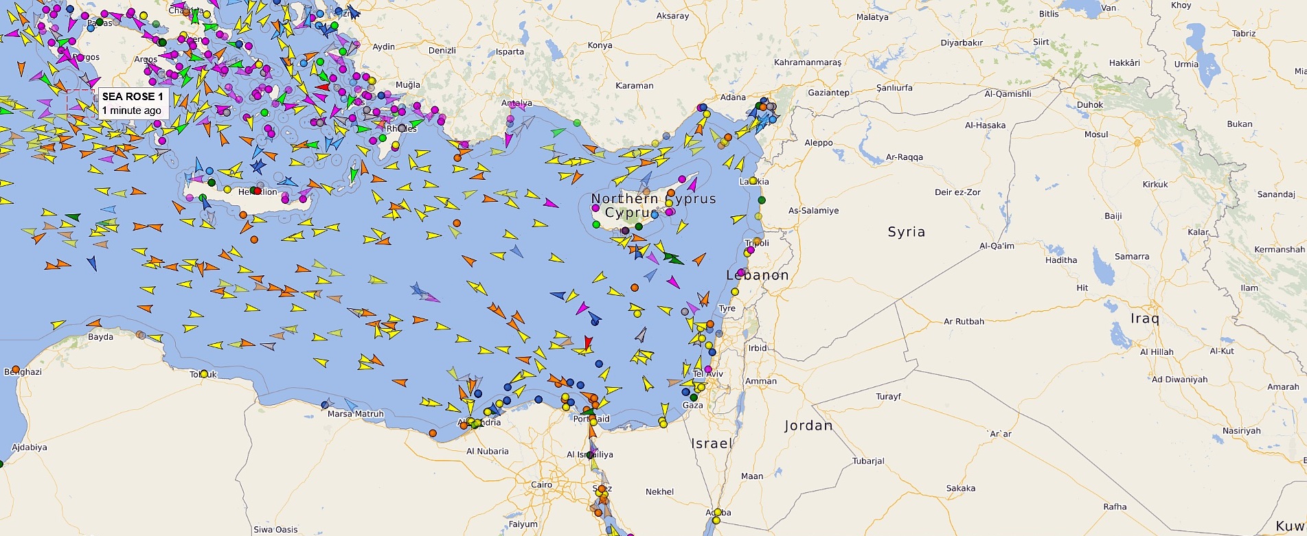 El Levante del Mediterraneo - visto desde la web "vesselfinder"
