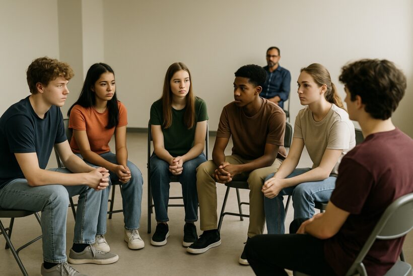 Adolescenti in cerchio durante un incontro di gruppo, osservati da un tutor a distanza.