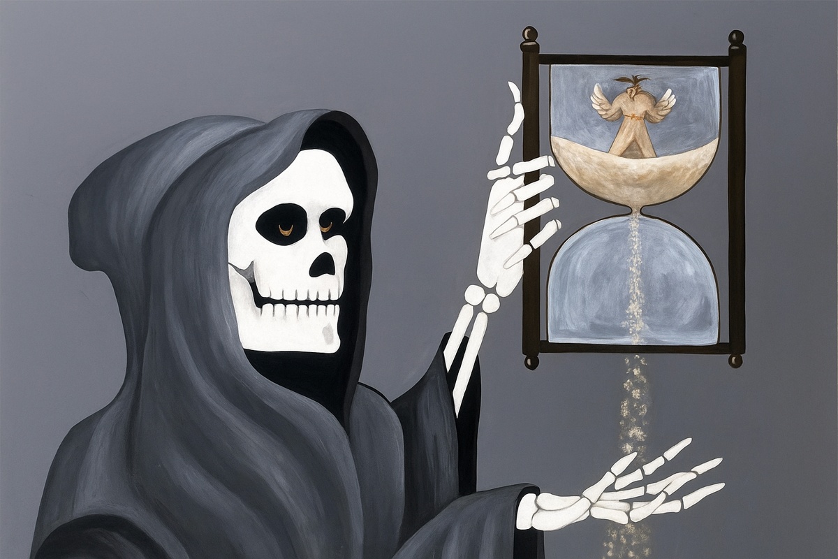 Illustrazione allegorica: una figura scheletrica incappucciata tiene una clessidra con all’interno una colomba alata, simbolo del passaggio tra morte e vita. Immagine ricavata dalla locandina ufficiale dell’evento Arte contro le pene capitali all’ex OPG di Napoli.