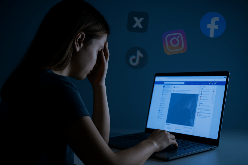 Giovane donna al computer con icone social intorno, simbolo della violenza digitale di genere.