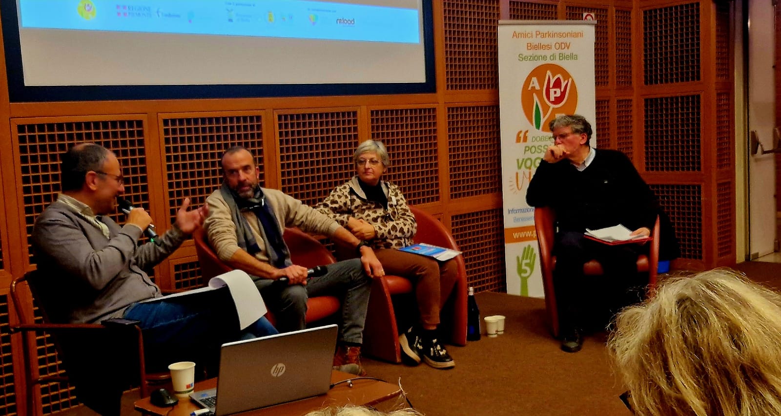 i relatori alla proiezione di Senza Tremori a Città studi, Biella Da sin: Marco Cassisa, Ettore Macchieraldo, Luisa Dodaro e Luciano Manicardi