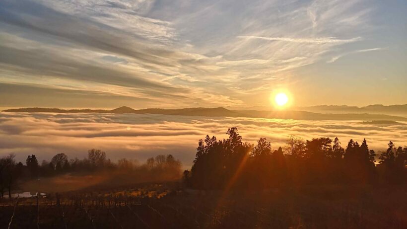 immagine di alba su nebbia
