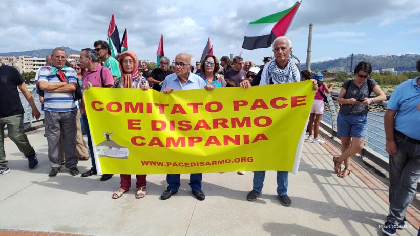 Attiviste e attivisti del Comitato Pace e Disarmo Campania durante una mobilitazione regionale.