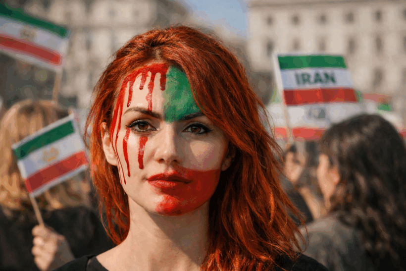 Manifestazione simbolica di solidarietà al popolo iraniano. Il volto di una donna richiama la repressione in atto e il coraggio di chi lotta per libertà, diritti e autodeterminazione.