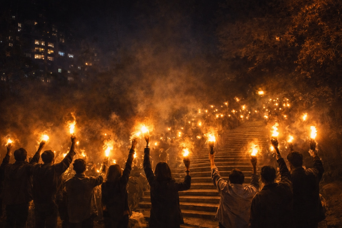 Un gruppo di persone risale una scalinata nella notte, tenendo fiaccole accese. Le luci si moltiplicano lungo i gradini, creando un fiume di fuoco che illumina il buio. L’immagine richiama una veglia collettiva, silenziosa e non violenta, come gesto simbolico di vicinanza ai civili, di richiesta di dignità, diritti e libertà, e di rifiuto di ogni escalation militare.