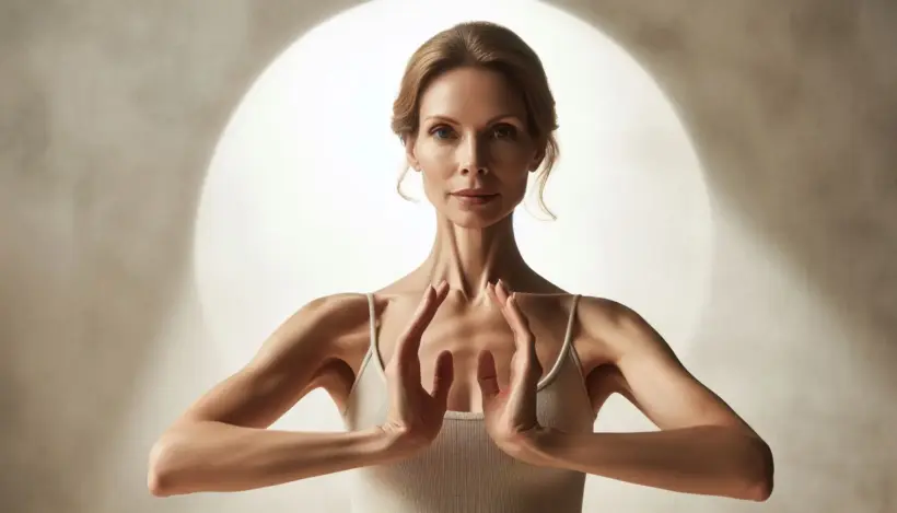 Donna adulta, di aspetto neutro vista frontalmente, con le braccia sollevate formando un cerchio, calma ma ferma, luce naturale morbida, sfondo neutro leggero