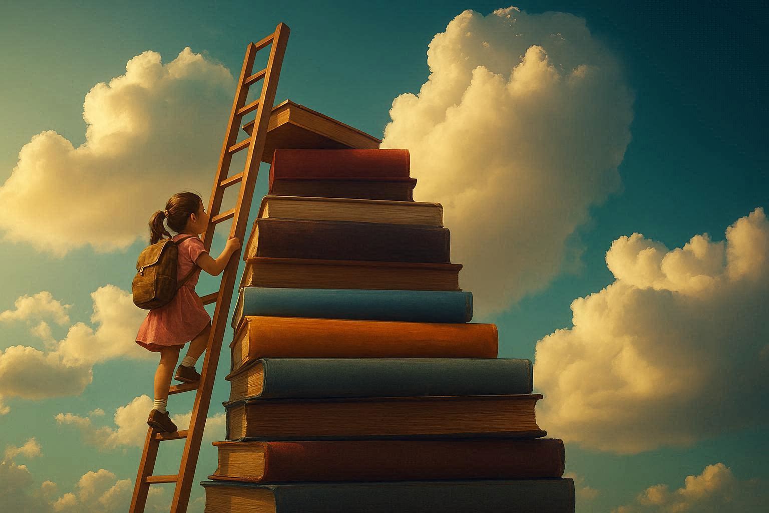 una ragazza con zaino sale una scala appoggiata su una montagna di libri