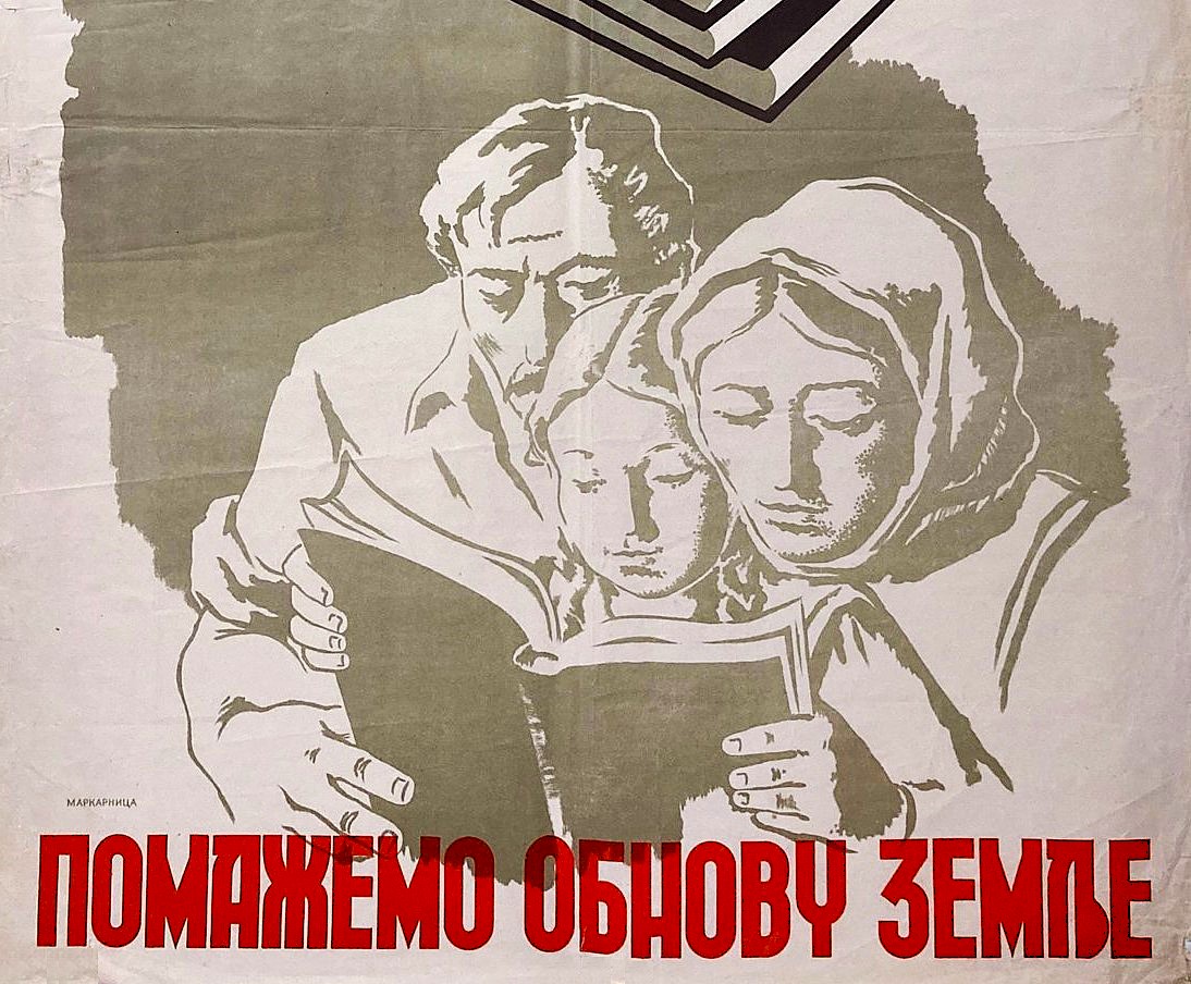 “Istruendo il villaggio, ricostruiamo il paese”, poster della campagna di alfabetizzazione, Jugoslavia socialista, fine anni Quaranta. 