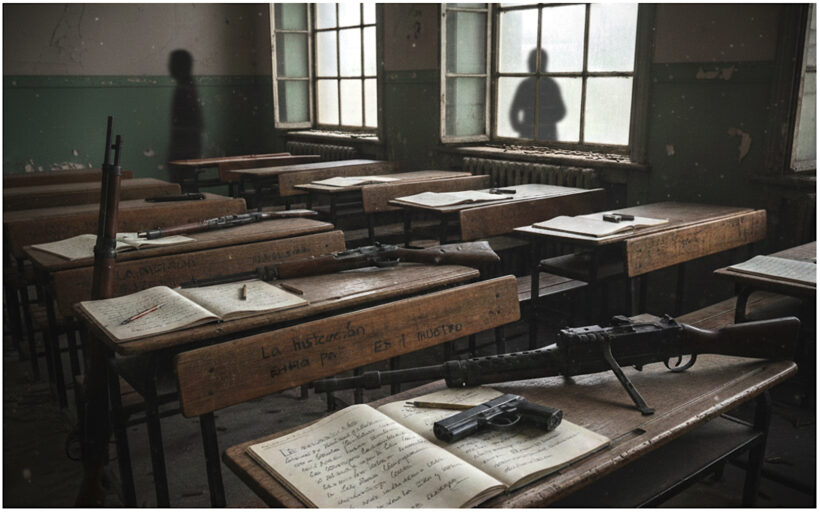 Entre cuadernos y armas (imagen generada con IA)