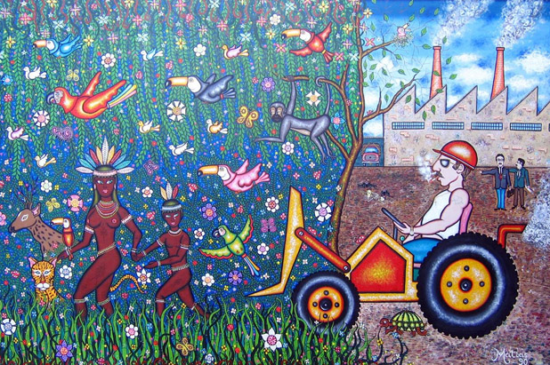 dipinto, macchinario distrugge foresta e indigeni