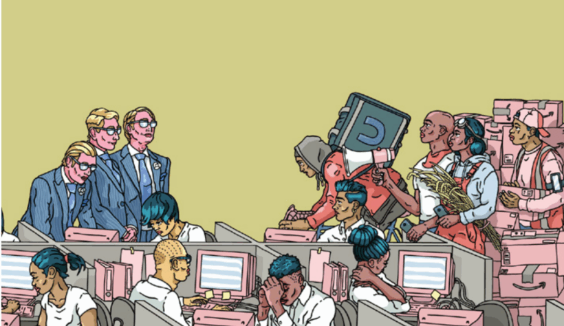 ufficio, dirigenti in giacca e cravatta, persone al pc, riders e contadini consegnando grano