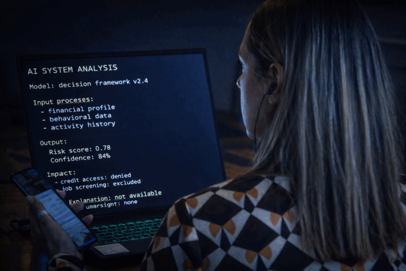 Immagine illustrativa del rapporto tra esseri umani e sistemi di intelligenza artificiale. Lo schermo mostra un modello decisionale automatizzato che elabora dati e produce valutazioni con effetti su ambiti sensibili come l’accesso al credito e la selezione del personale. Le persone eventualmente raffigurate non sono collegate ai contenuti dell’articolo.
