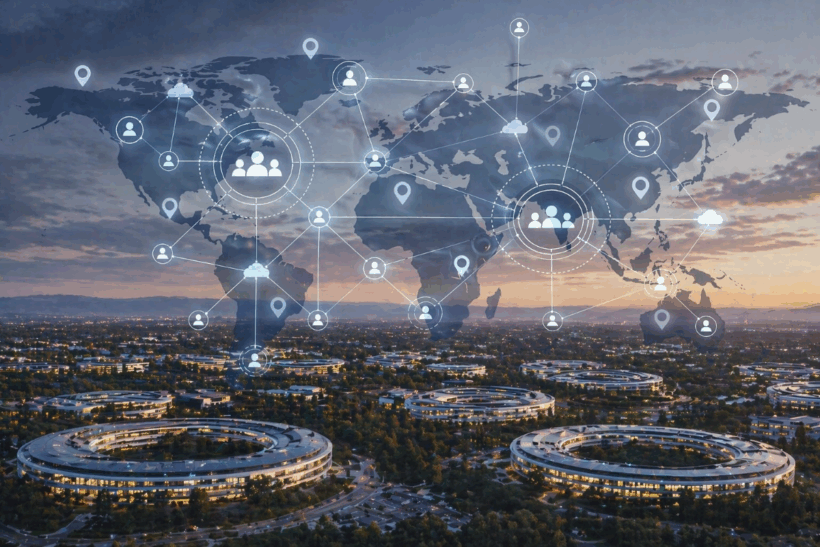 Immagine composita che raffigura un’infrastruttura tecnologica avanzata con una mappa del mondo sovrapposta e nodi di connessione digitale.