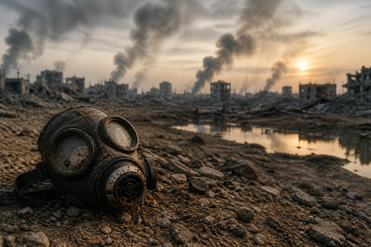 Una maschera antigas abbandonata tra macerie e fumo diventa simbolo dell’impatto ambientale e sanitario dei conflitti armati, oltre la sola contabilità delle emissioni di CO₂.