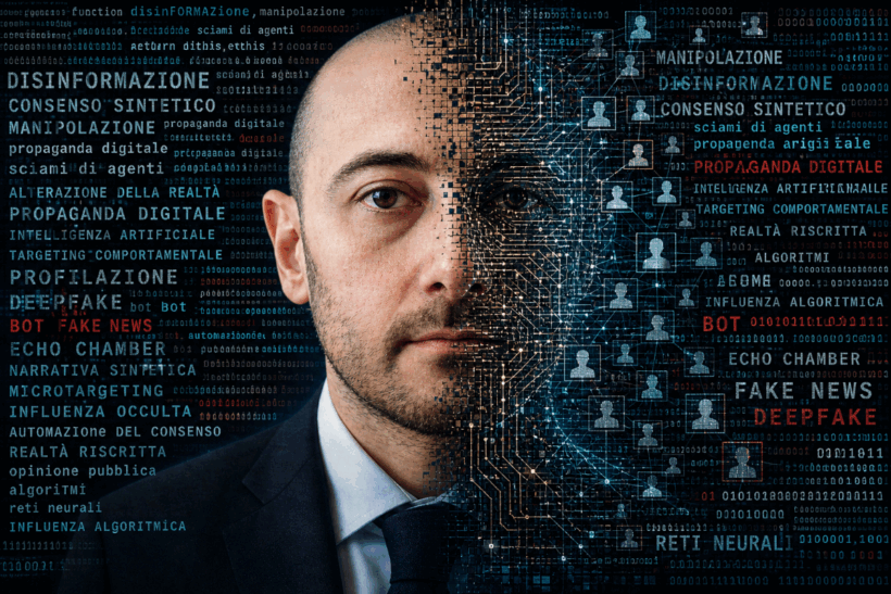 Ritratto dell’autore Francesco Russo rielaborato in chiave digitale: metà volto umano e metà volto attraversato da circuiti, reti di profili e parole legate alla disinformazione, al consenso sintetico e agli sciami di agenti AI.