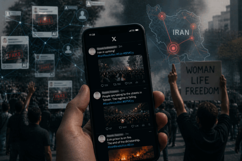 Uno smartphone mostra contenuti social su presunte rivolte in Iran, sovrapposto a una scena di protesta e a una rete digitale di account e messaggi manipolati, richiamando l’uso dell’intelligenza artificiale nelle operazioni di disinformazione.