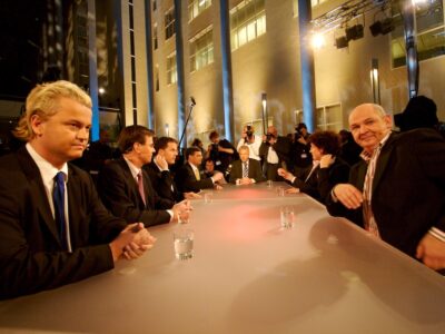 Geert Wilders, head of the PVV (Freedom Party) (left) with other politicians at the final television debate before the 2006 Dutch general election