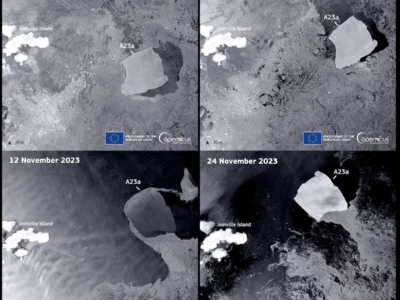 Radar images acquired by the Copernicus Sentinel-1A satellite show the iceberg A23a moving near Joinville Island in Antarctica from Oct. 19 to Nov. 24, 2023.