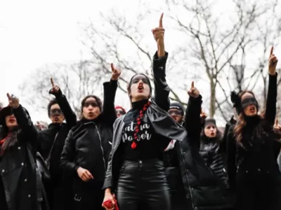 Outside the Harvey Weinstein trial in New York City, a group performs “A Rapist in Your Path,” the viral protest anthem created by the Chilean feminist collective Las Tesis.