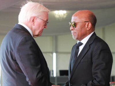 German president Frank-Walter Steinmeier and Namibian president Nangolo Mbumba at the memorial service for president Hage Geingob. Mbumba was sworn in as president of Namibia on 4 February following the death of Geingob.
