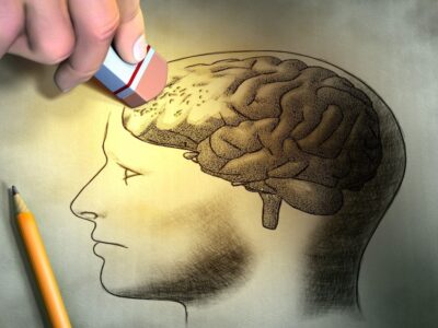 Someone is erasing a drawing of the human brain. Conceptual image relating to dementia and memory loss. Digital illustration.; Shutterstock ID 101520898