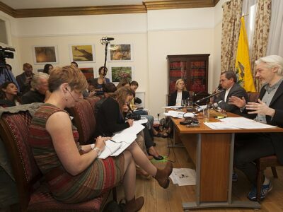 Julian Assange holds a press conference in the presence of international media. Ministry of Foreign Affairs of Ecuador
