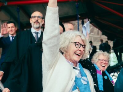 Members of KlimaSeniorinnen celebrate the historic ruling by the European Court of Human Rights that Switzerland’s inaction on climate change violated the human rights of its country’s citizens.
