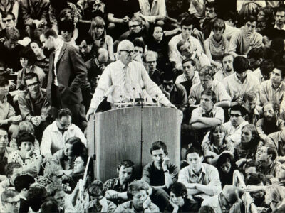 Herbert Marcuse giving a lecture in Berlin, 1967. Author	Isaactrius. Wikimedia Commons.