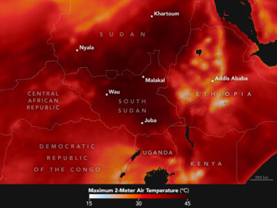 Maximum 2-m air temperature in East Africa on March 18, 2024. "Sweltering temperatures led to power cuts and school closures in South Sudan."

NASA Earth Observatory Image of the Day for March 27, 2024. Source	https://earthobservatory.nasa.gov/images/152600/heat-wave-in-east-africa
Author	NASA Earth Observatory image by Michala Garrison, using GEOS data from the Global Modeling and Assimilation Office at NASA GSFC. Wikimedia Commons.