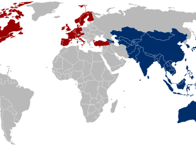 Map of Asian Development Bank members (Regional members in blue, non-regional members in red; based on Image: No colonies blank world map.png. Author	Porsche997SBS. Wikimedia Commons.