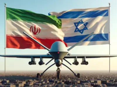 DALL·E 2024-04-14 11.19.10 - A wide image showing an Iranian drone in the foreground, depicted with detailed features like cameras and sensors. In the background, distinctly separ