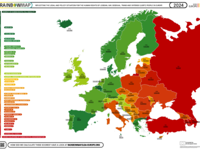 La Rainbow Map pubblicata il 15 maggio da ILGA Europe, che vede l’Italia dietro Lituania, Ungheria, Macedonia e altri Paesi dell’est europeo.